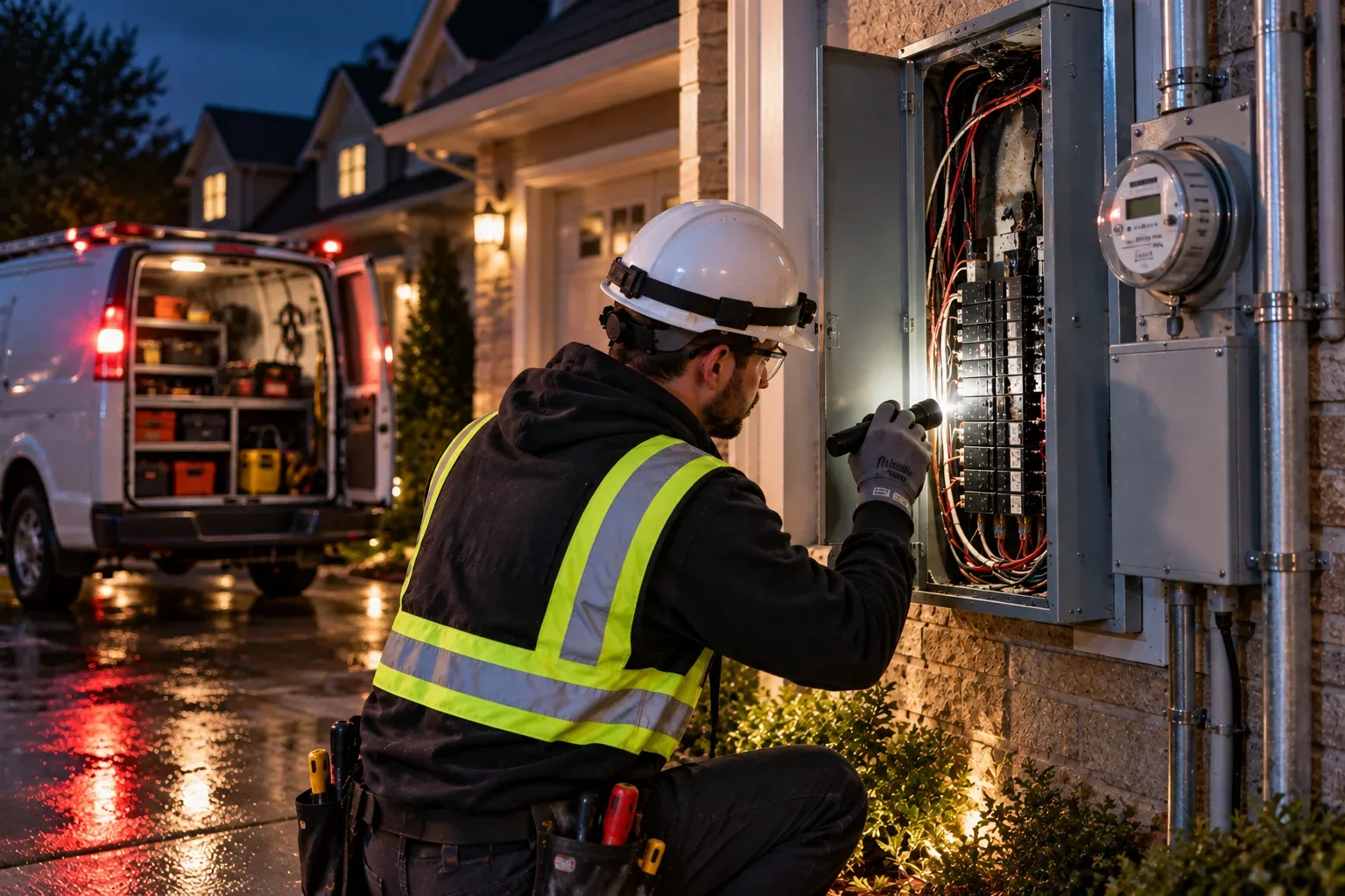 Emergency electrician inspecting an urgent electrical problem in a Whitby home