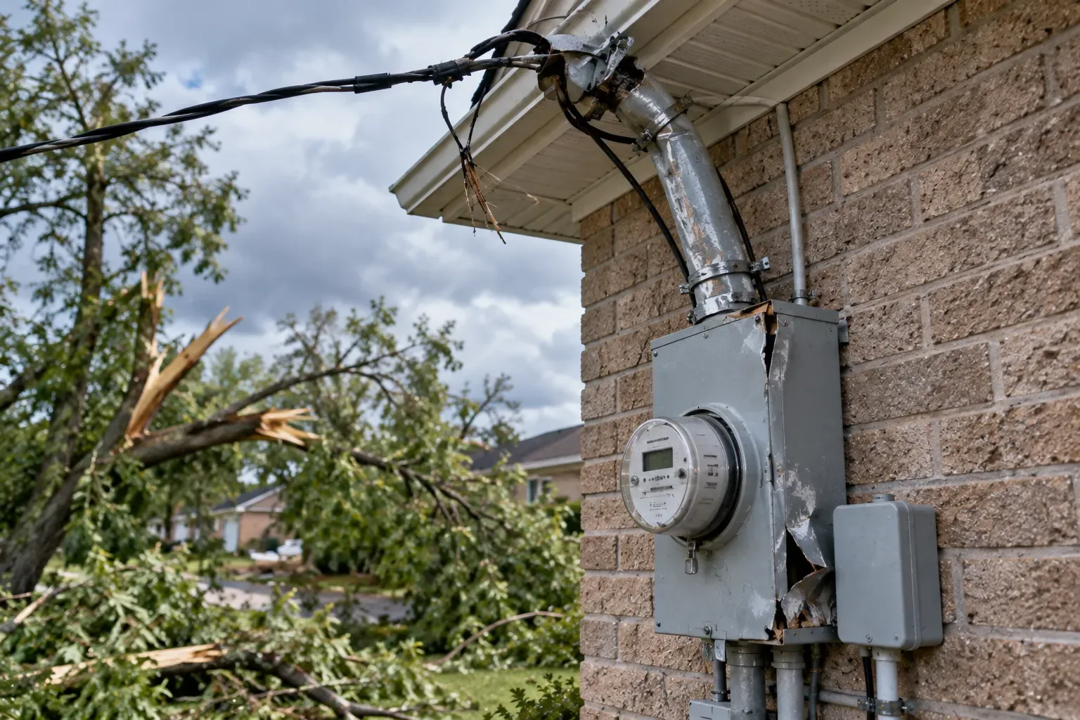 Storm damage to electrical service mast and meter base at a Whitby home